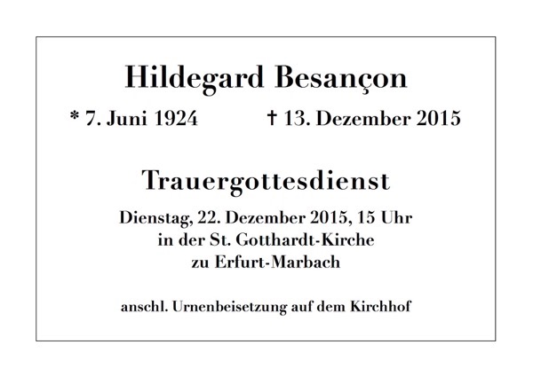 Aushang Trauerfeier Hildegard Besançon
