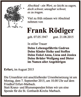 Traueranzeige Frank Rödiger